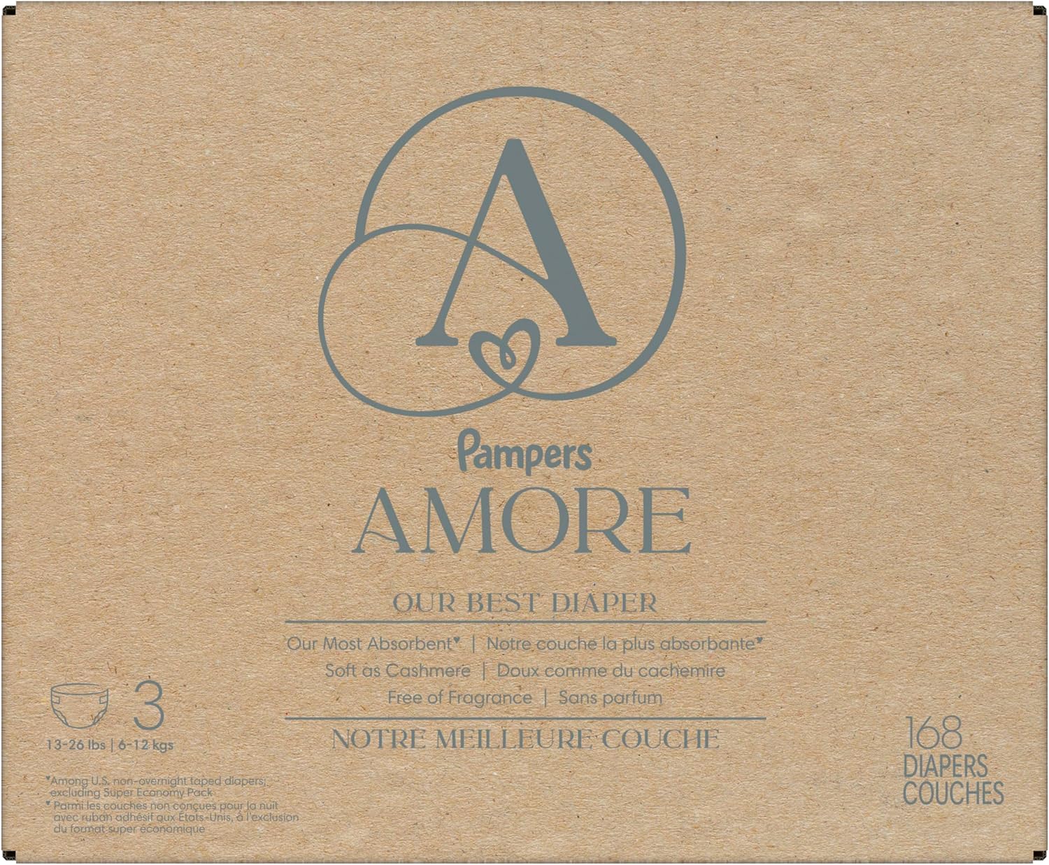 Pampers Amore, Size 4 (15-34 lbs), 150 Count, Our Best Diaper – Hypoallergenic & Fragrance Free, Up to 100% Leakproof, Soft as Cashmere