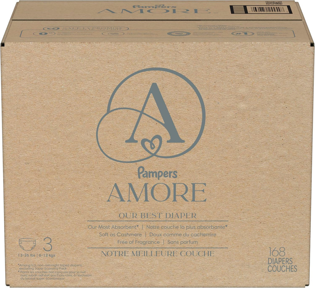 Pampers Amore, Size 4 (15-34 lbs), 150 Count, Our Best Diaper – Hypoallergenic & Fragrance Free, Up to 100% Leakproof, Soft as Cashmere