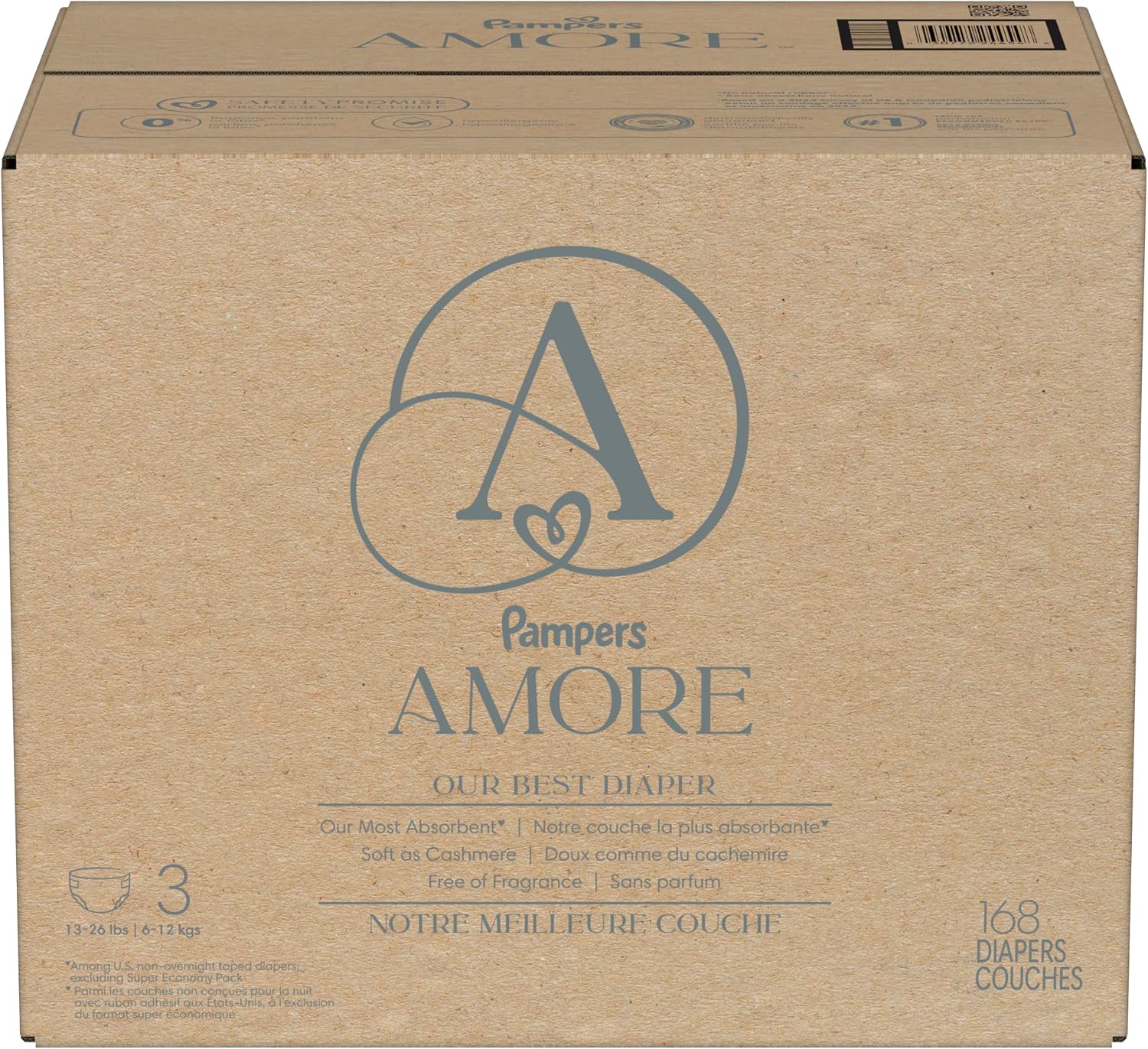 Pampers Amore, Size 4 (15-34 lbs), 150 Count, Our Best Diaper – Hypoallergenic & Fragrance Free, Up to 100% Leakproof, Soft as Cashmere