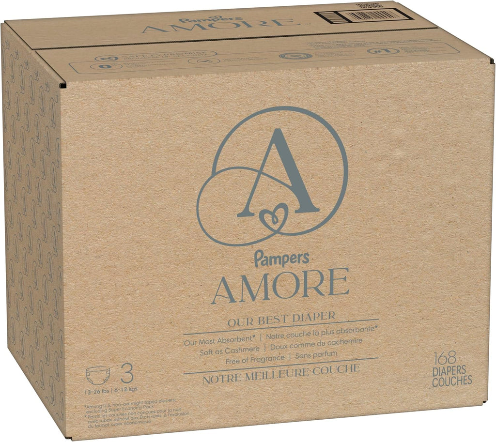 Pampers Amore, Size 4 (15-34 lbs), 150 Count, Our Best Diaper – Hypoallergenic & Fragrance Free, Up to 100% Leakproof, Soft as Cashmere
