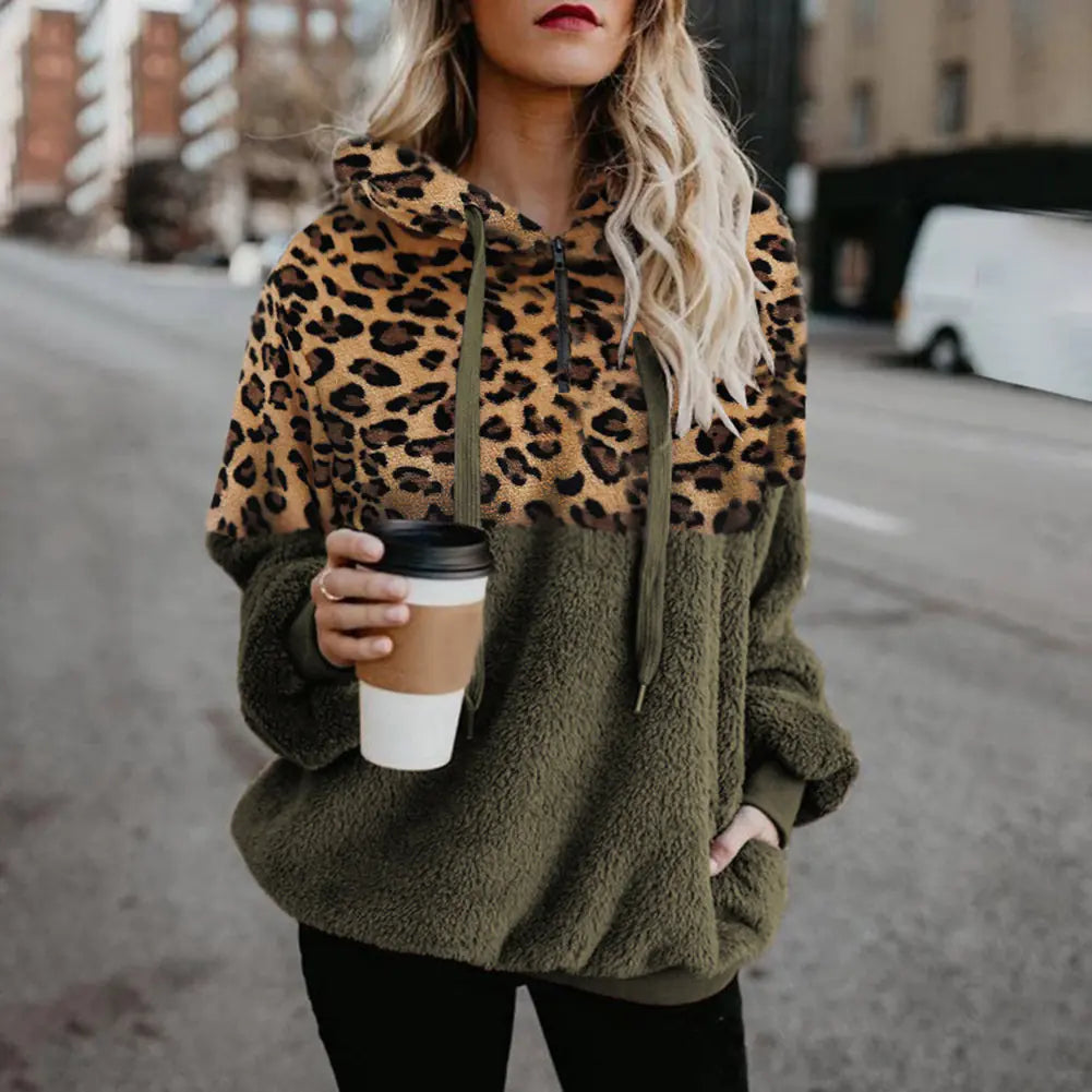 Sexy Leopard Print Wool Coat with Zipper Pockets