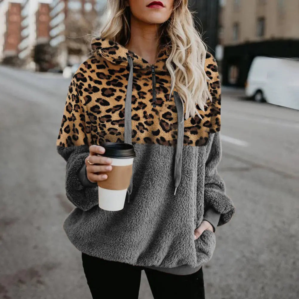 Sexy Leopard Print Wool Coat with Zipper Pockets