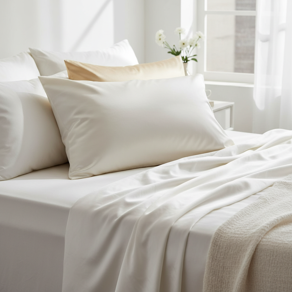 Light colored silk pillowcase in ivory showing smooth texture