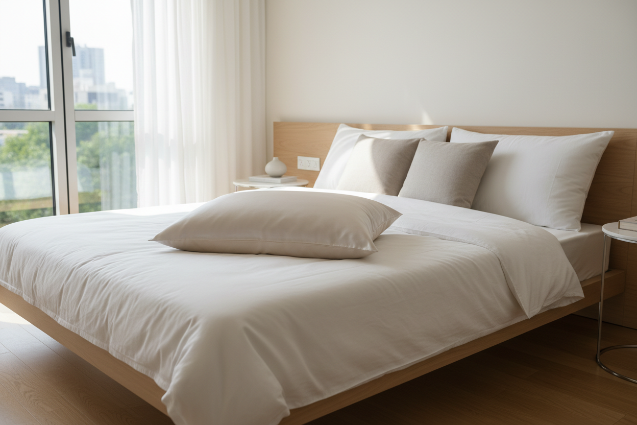 Bright bedroom lifestyle shot with light silk pillowcases