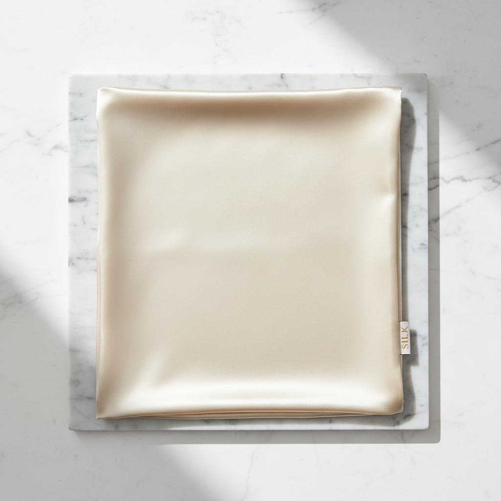 Light colored silk pillowcase flat lay on white marble
